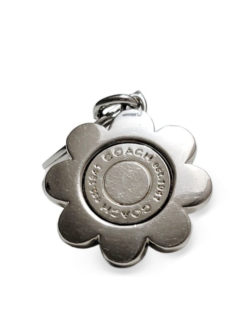 Coach Flower Daisy Bag Charm Keychain Silver Tone Est 1941 Logo Purse Fob